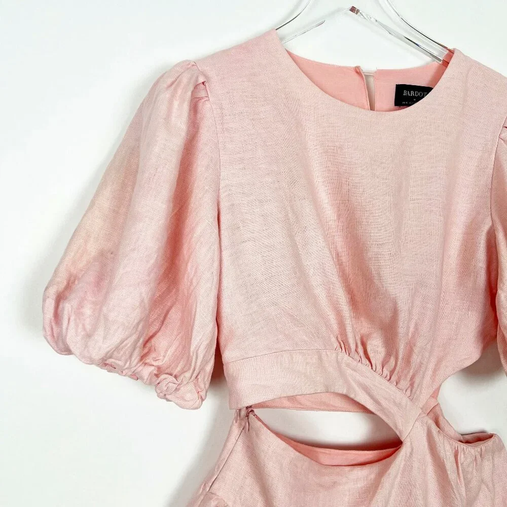 Bardot Mimi Cutout Dress 100% Linen Mini Women's Size US6 Soft Pink Puff Sleeves - Picture 3 of 15
